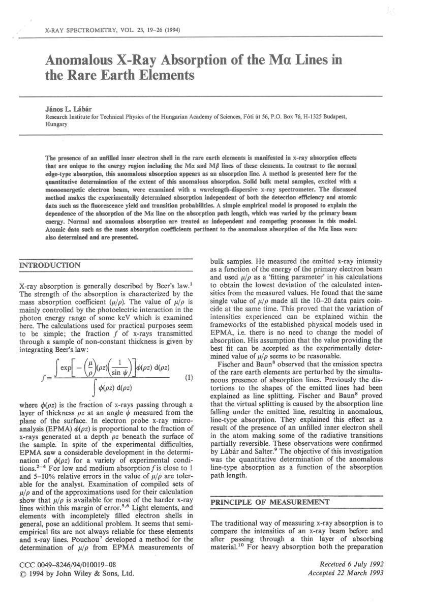 Pdf Anomalous X Ray Absorption Of The Ma Lines In The Rare Earth Elements