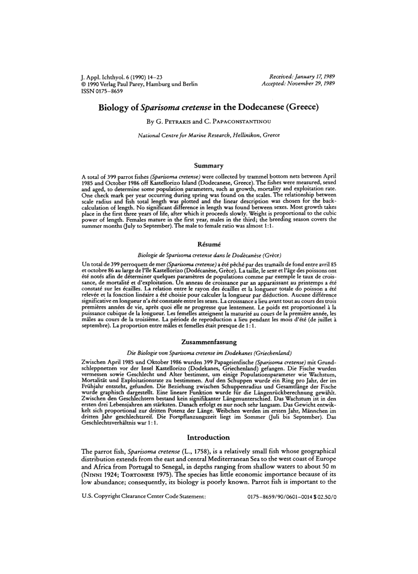 Pdf Biology Of Sparisoma Cretense In The Dodecanese Greece