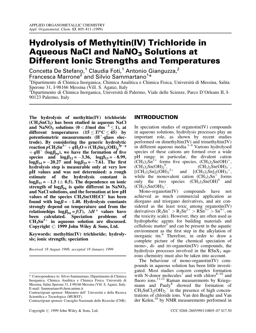 Dependence on ionic strength of logb 13 in NaCl and NaNO 3 aqueous
