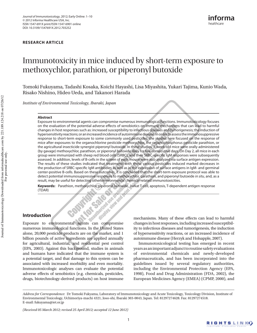 Pdf Immunotoxicity In Mice Induced By Short Term Exposure To Methoxychlor Parathion Or Piperonyl Butoxide