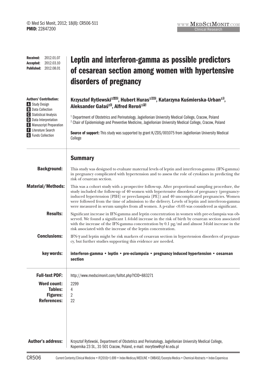 Pdf Leptin And Interferon Gamma As Possible Predictors Of