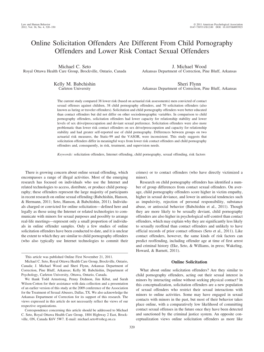 PDF) Online Solicitation Offenders Are Different From Child Pornography  Offenders and Lower Risk Contact Sexual Offenders