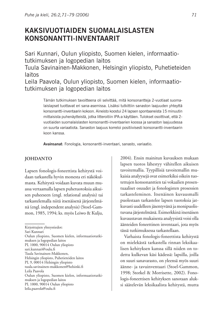 PDF) Kaksivuotiaiden suomalaislasten konsonantti-inventaarit
