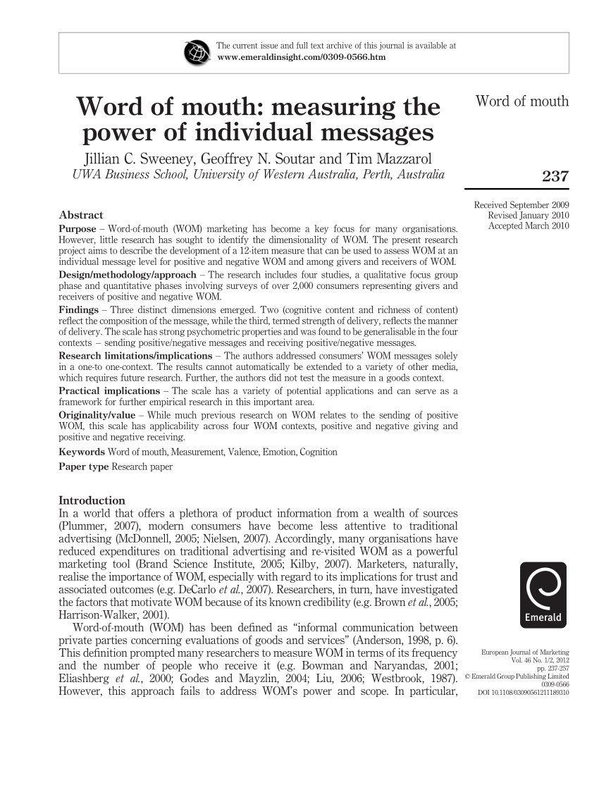 Pdf Word Of Mouth Measuring The Power Of Individual Messages - 