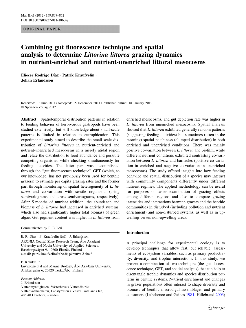 Pdf Combining Gut Fluorescence Technique And Spatial Analysis To Determine Littorina Littorea Grazing Dynamics In Nutrient Enriched And Nutrient Unenriched Littoral Mesocosms