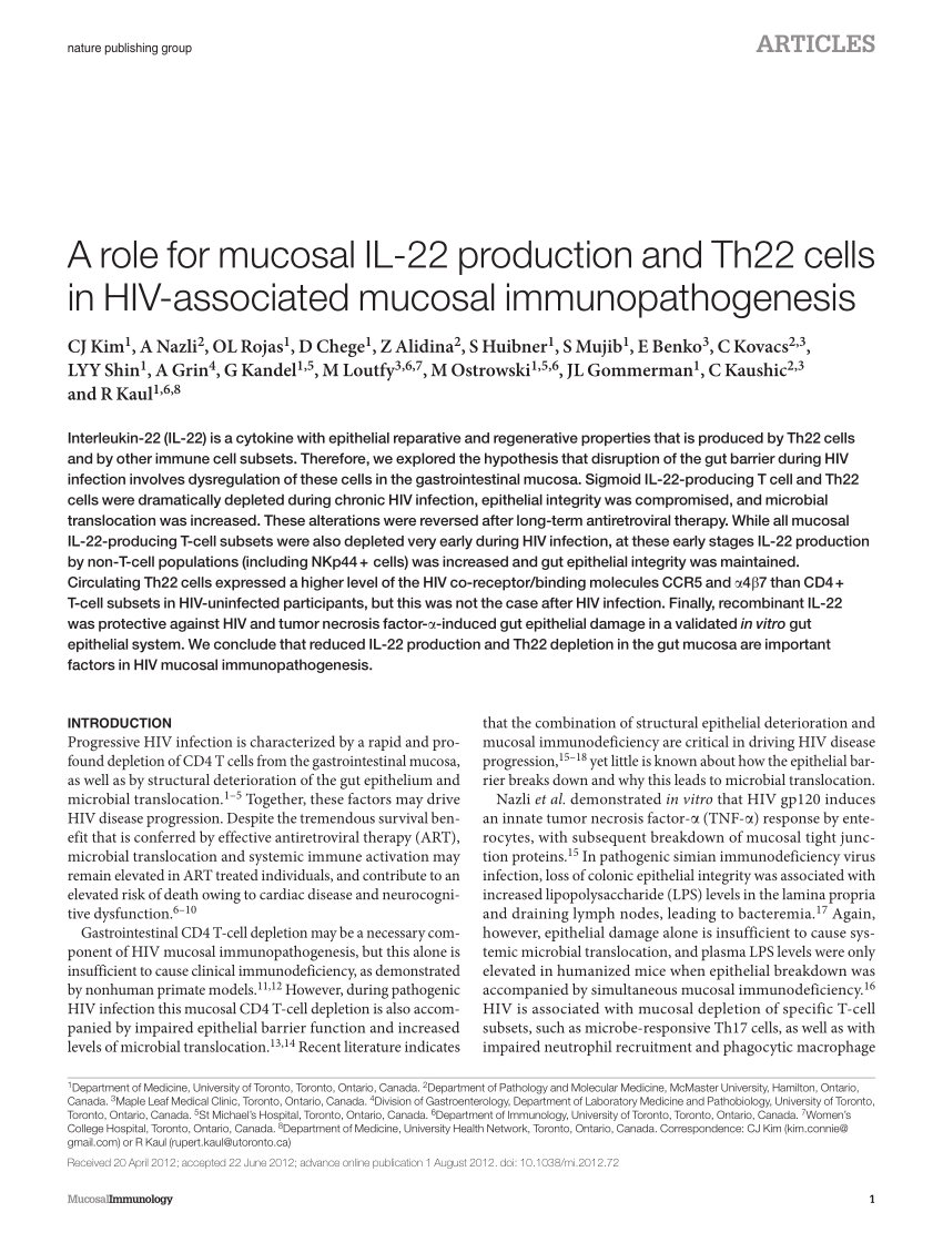 PDF) A role for mucosal IL-22 production and Th22 cells in HIV ...
