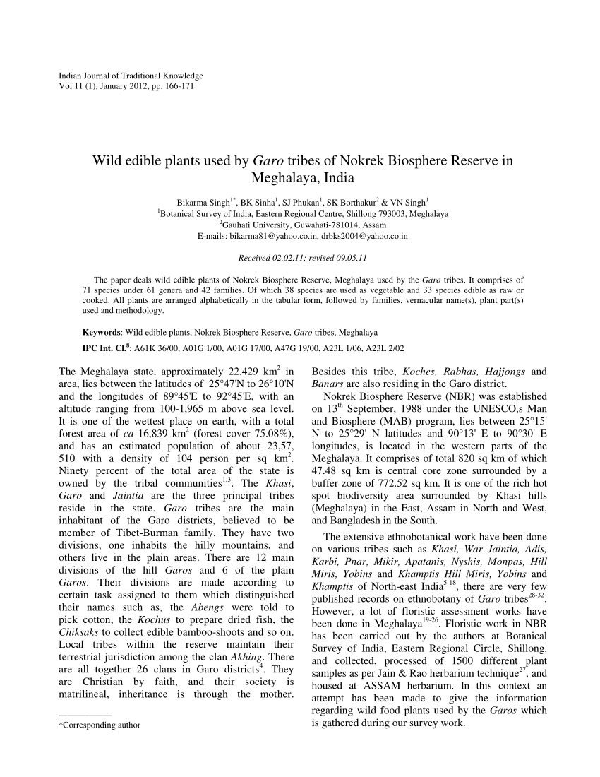 Pdf Wild Edible Plants Used By Garo Tribes Of Nokrek Biosphere Reserve In Meghalaya India