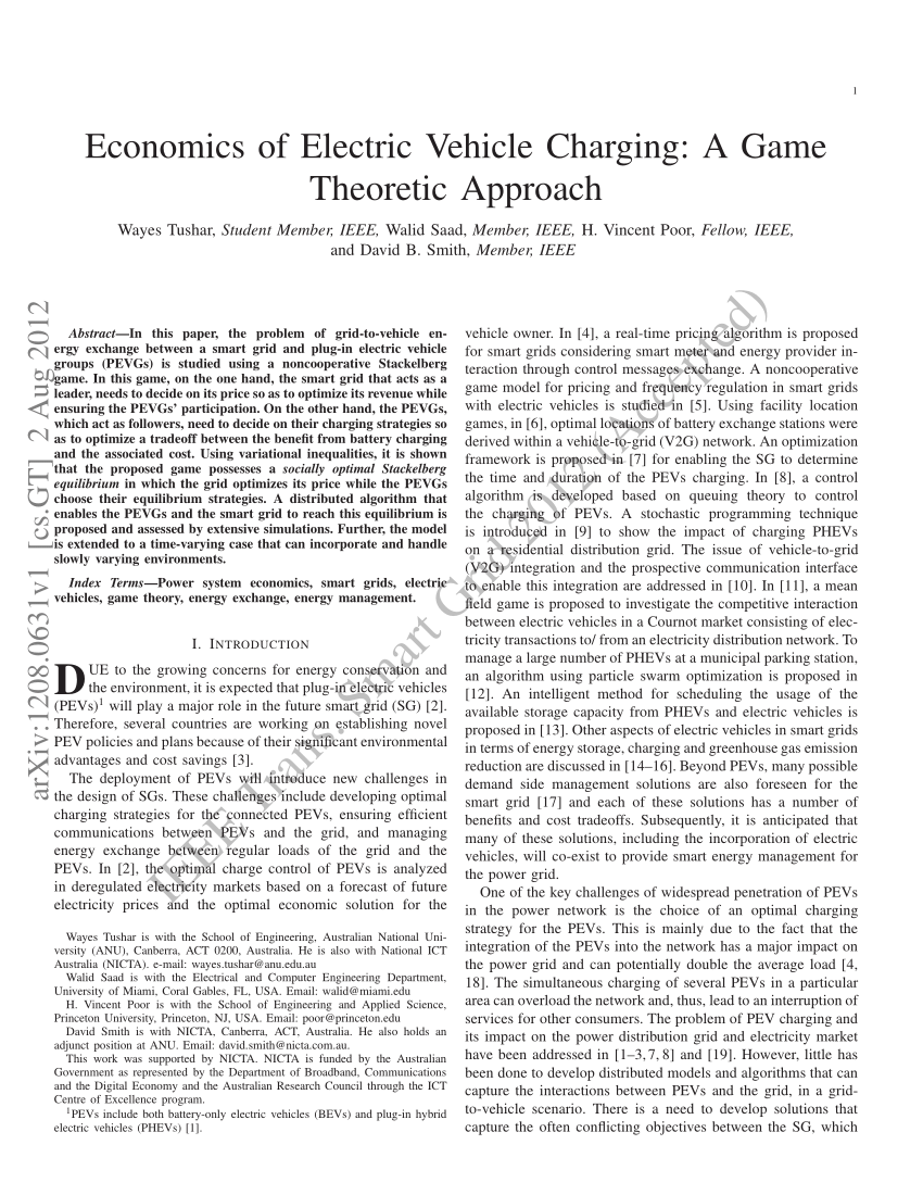 (PDF) Economics of Electric Vehicle Charging A Game Theoretic Approach