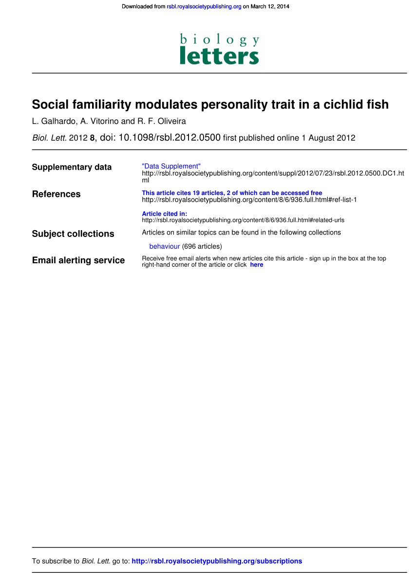 Pdf Social Familiarity Modulates Personality Trait In A Cichlid Fish