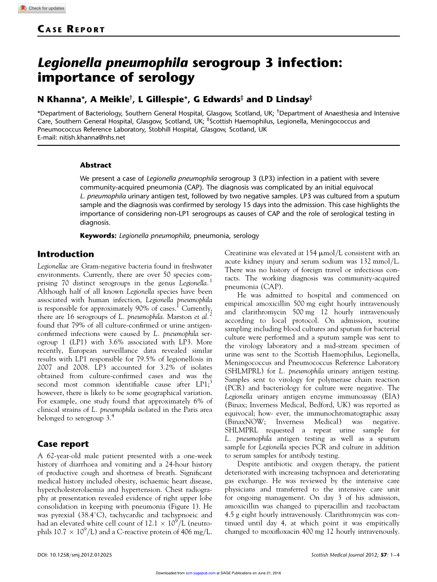 Pdf Legionella Pneumophila Serogroup 3 Infection Importance Of Serology 6269