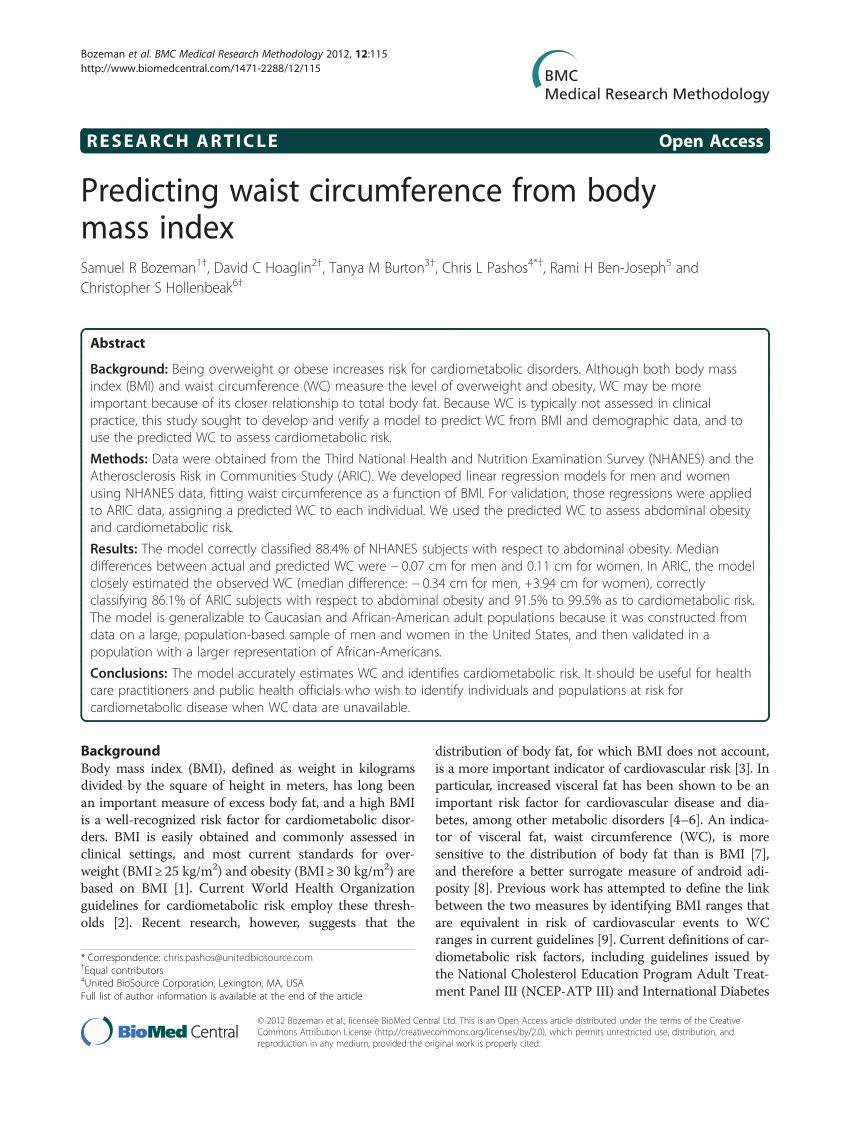Pdf Predicting Waist Circumference From Body Mass Index
