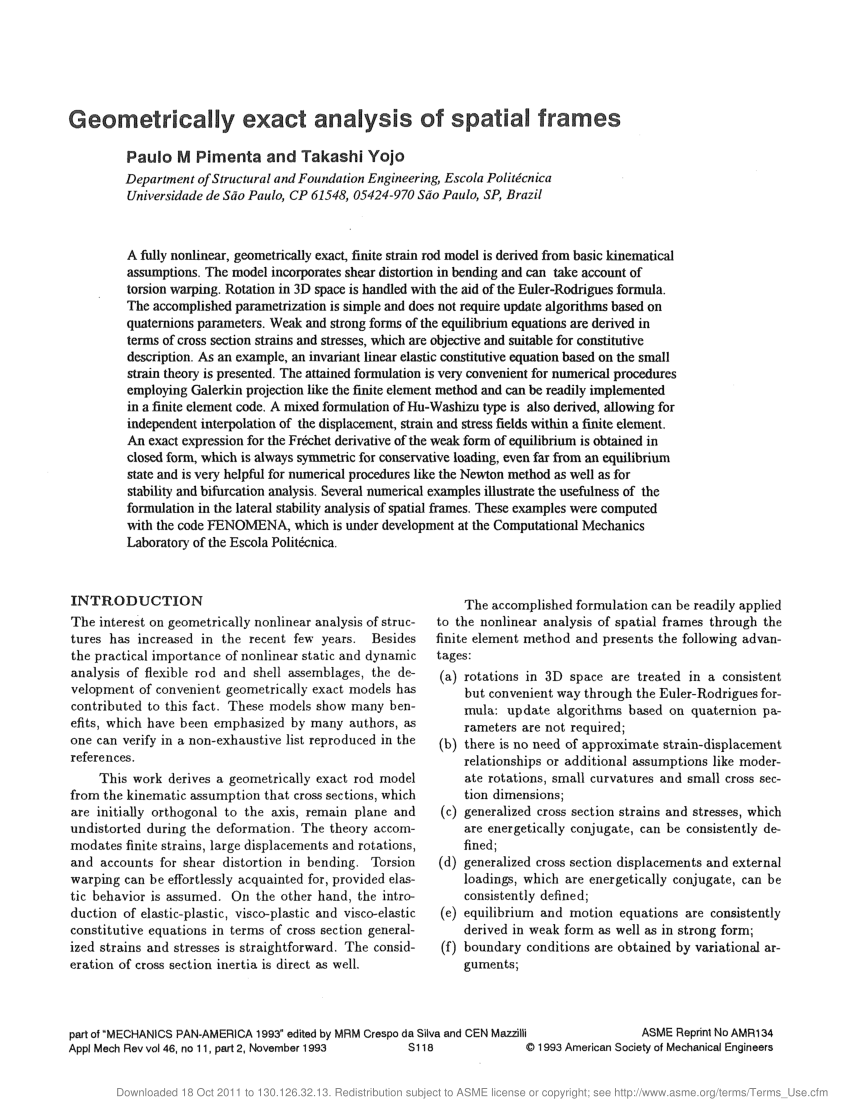 (PDF) Geometrically Exact Analysis of Spatial Frames