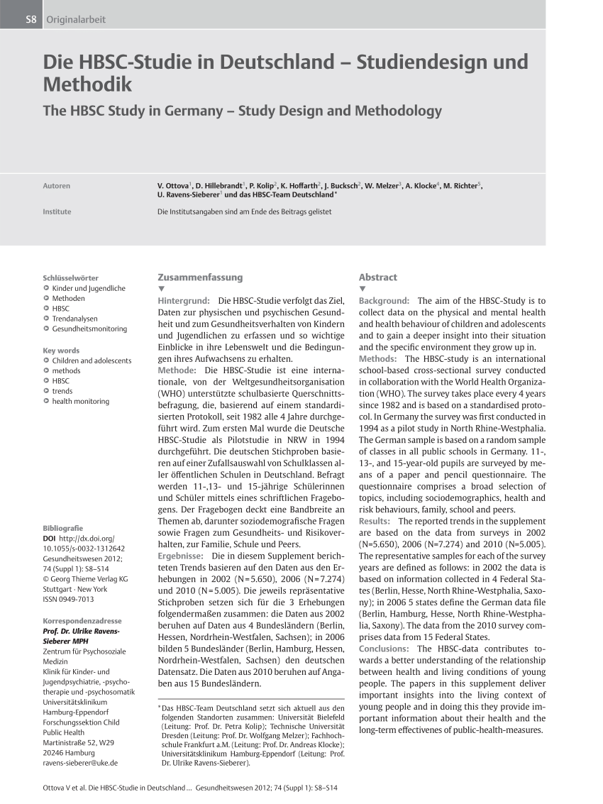 Pdf The Hbsc Study In Germany Study Design And Methodology