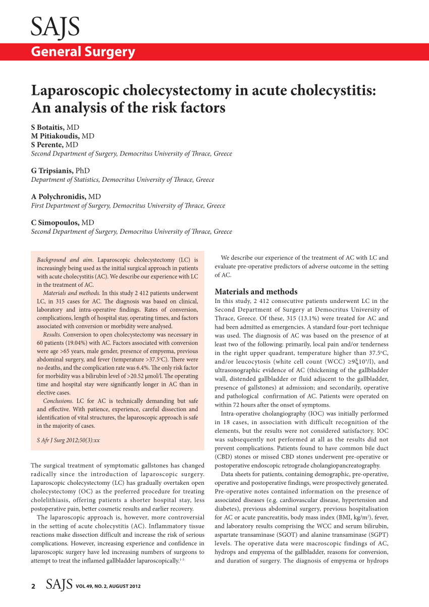 Pdf Laparoscopic Cholecystectomy In Acute Cholecystitis An Analysis Of The Risk Factors 7427