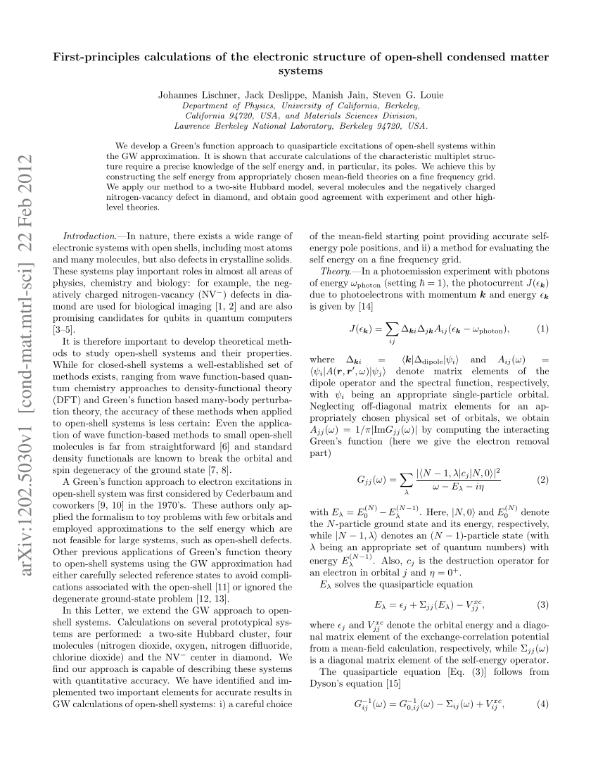 Pdf First Principles Calculations Of Quasiparticle Excitations Of Open Shell Condensed Matter 2774
