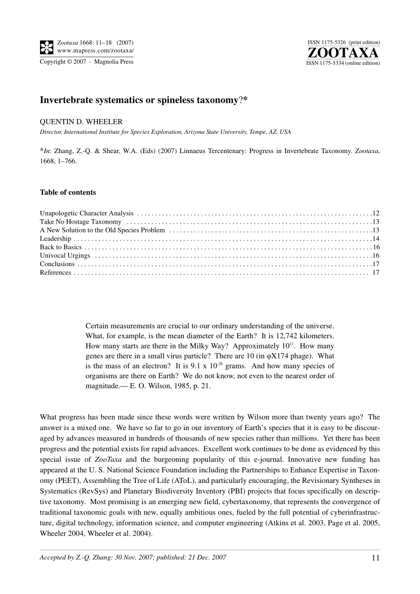 (PDF) Invertebrate systematics or spineless taxonomy?*