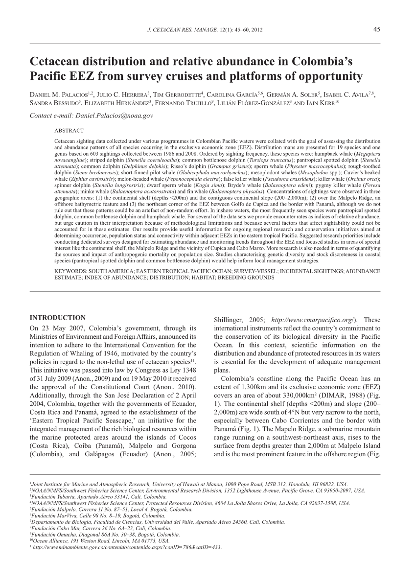 Pdf Cetacean Distribution And Relative Abundance In Colombia S Pacific Eez From Survey Cruises And Platforms Of Opportunity