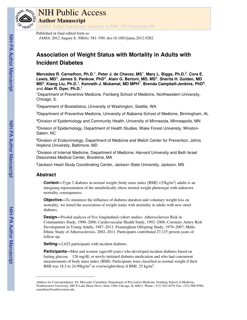 Pdf Association Of Weight Status With Mortality In Adults With Incident Diabetes