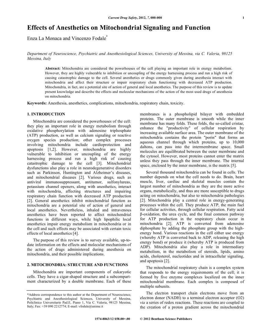 PDF) Effects of Anesthetics on Mitochondrial Signaling and Function