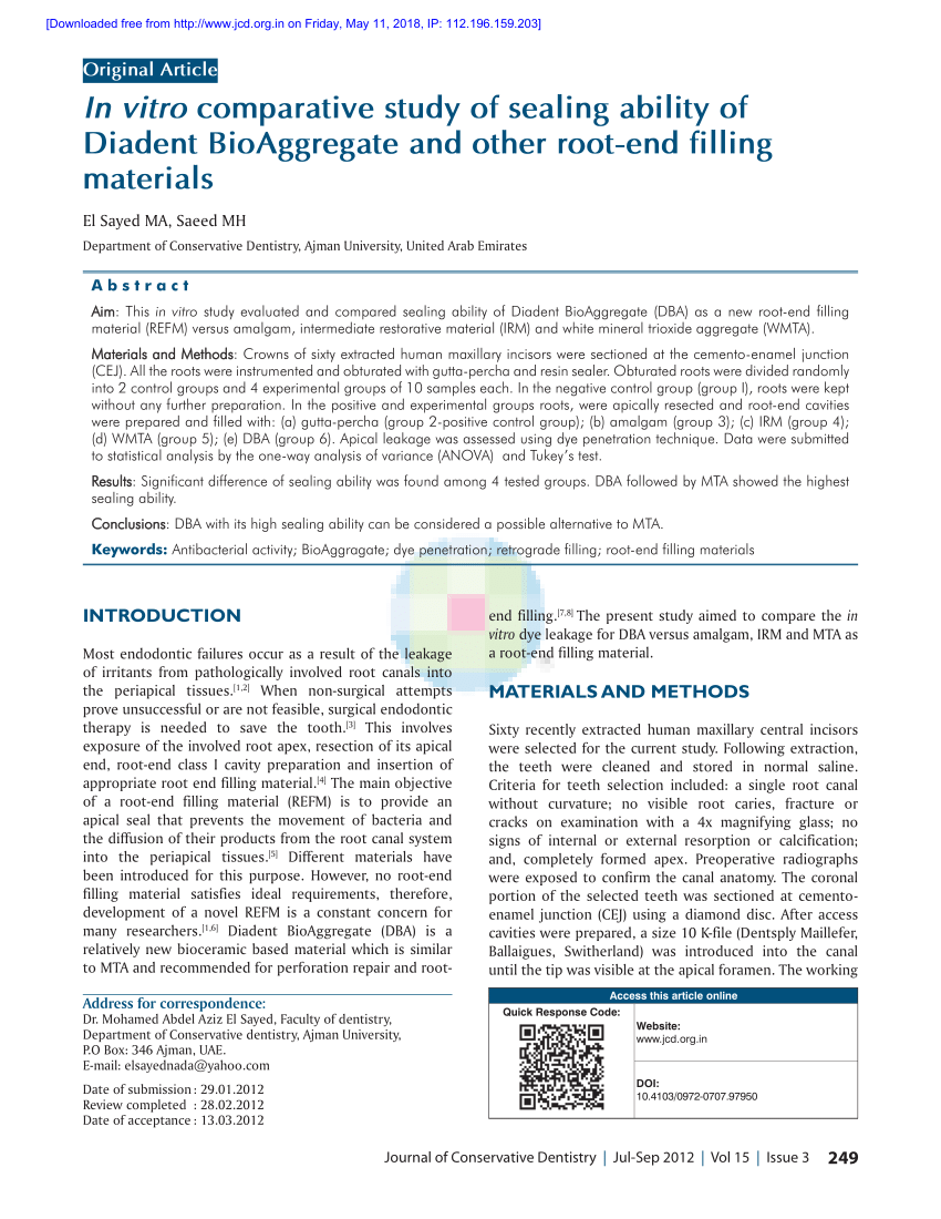Pdf In Vitro Comparative Study Of Sealing Ability Of Diadent Bioaggregate And Other Root End Filling Materials
