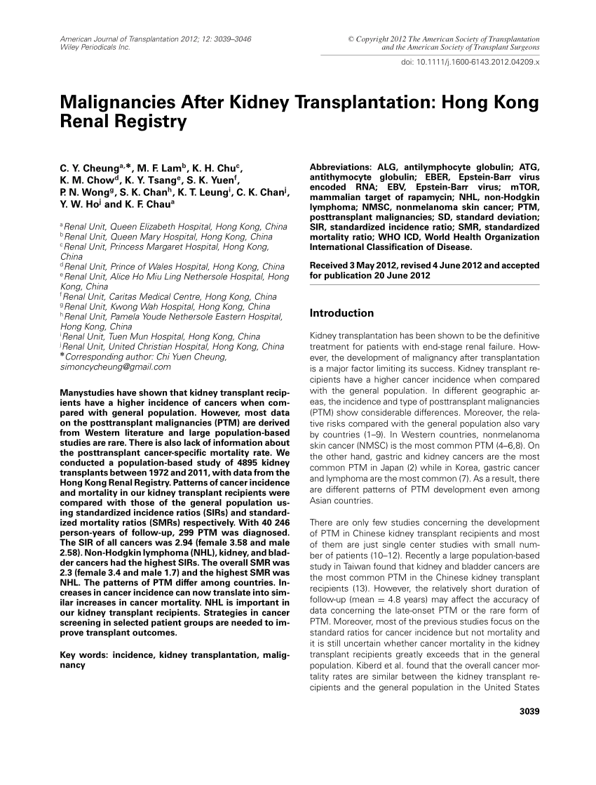 PDF Malignancies After Kidney Transplantation Hong Kong Renal ...