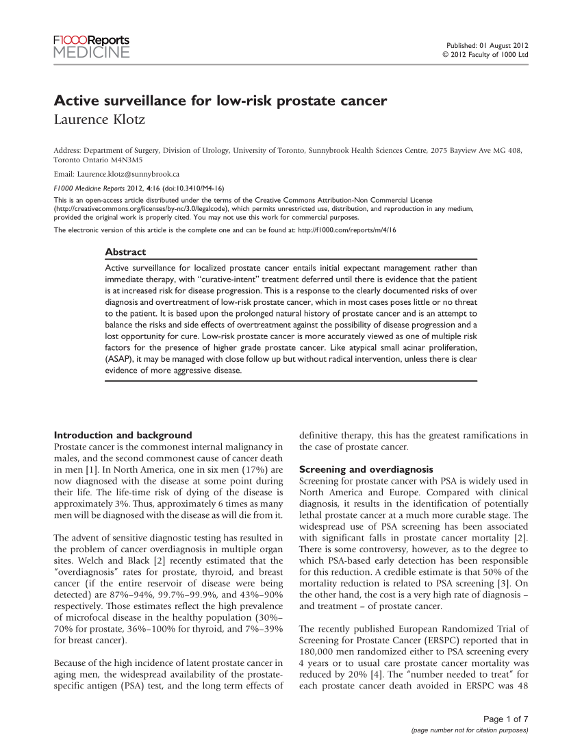 PDF Active Surveillance For Low Risk Prostate Cancer