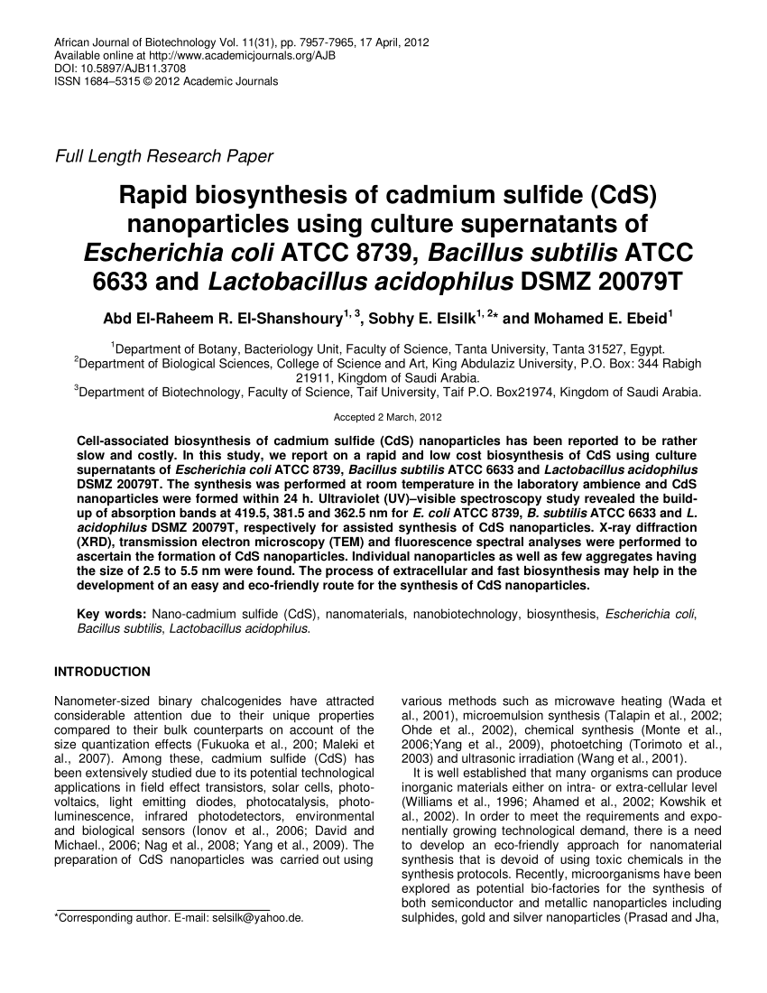 (PDF) Rapid biosynthesis of cadmium sulfide (CdS ...