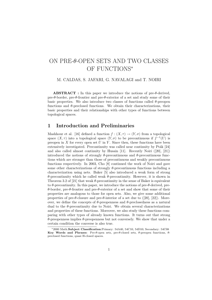 PDF) ON PRE-θ-OPEN SETS AND TWO CLASSES OF FUNCTIONS