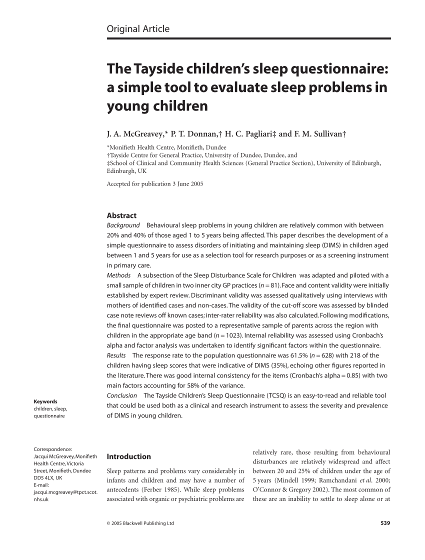 PDF) The Tayside children's sleep questionnaire: a simple tool to evaluate  sleep problems in young children. Child Care Health Dev. Sep;31(5):539-44.