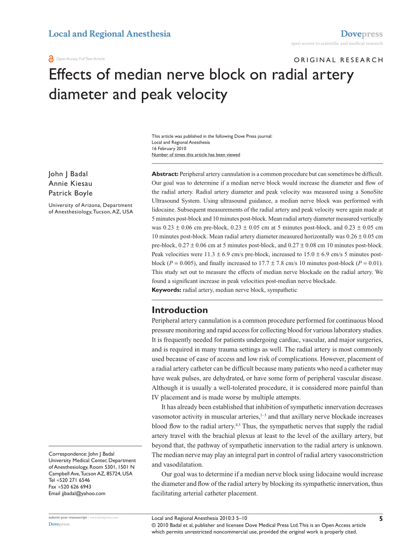 Pdf Effects Of Median Nerve Block On Radial Artery Diameter And Peak Velocity 5135