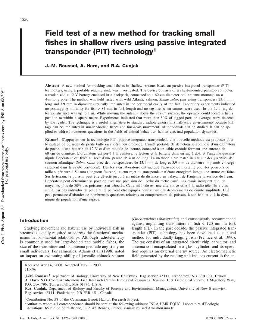 Pdf Field Test Of A New Method For Tracking Small Fishes In Shallow Rivers Using Passive Integrated Transponder Pit Technology