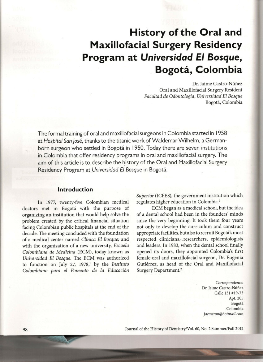 Pdf History Of The Oral And Maxillofacial Surgery Residency Program At Universidad El Bosque Bogota Colombia