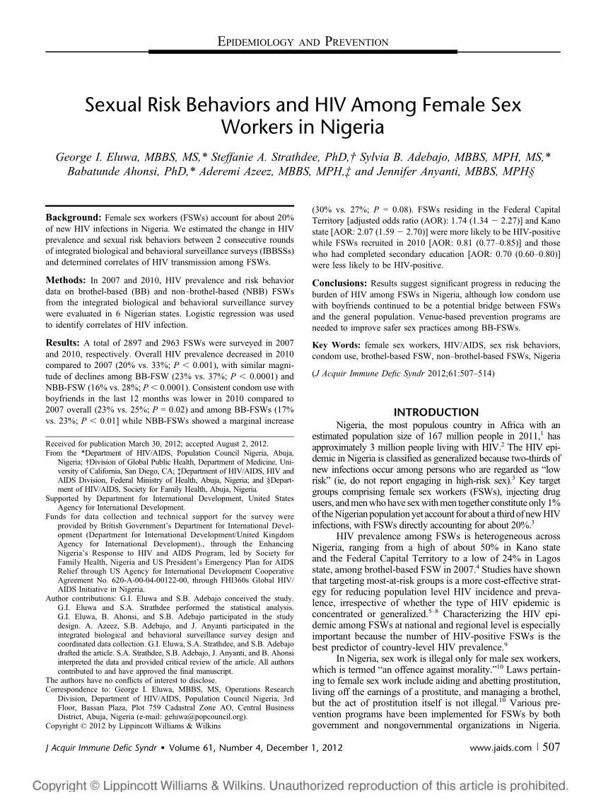 PDF Sexual Risk Behaviors and HIV among Female Sex Workers in