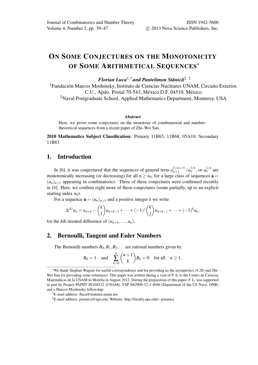Pdf On Some Monotonic Combinatorial Sequences Conjectures