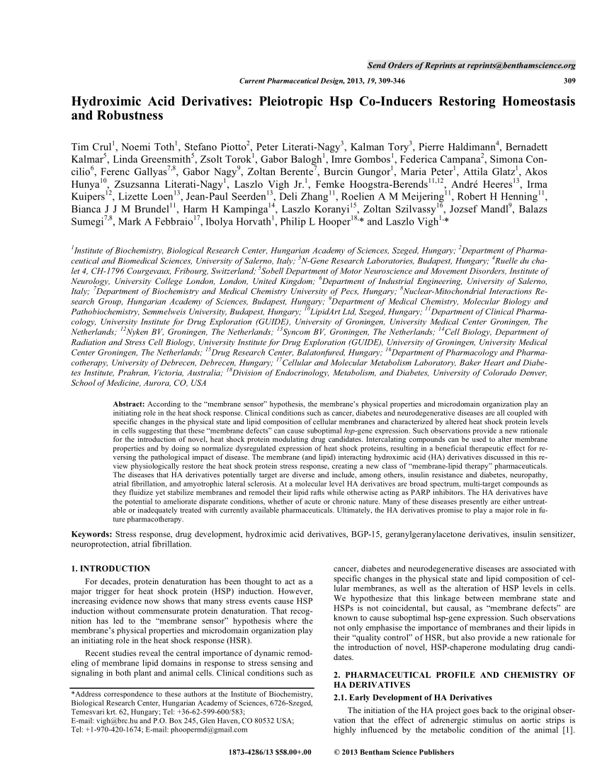 Pdf Hydroximic Acid Derivatives Pleiotropic Hsp Co Inducers Restoring Homeostasis And Robustness