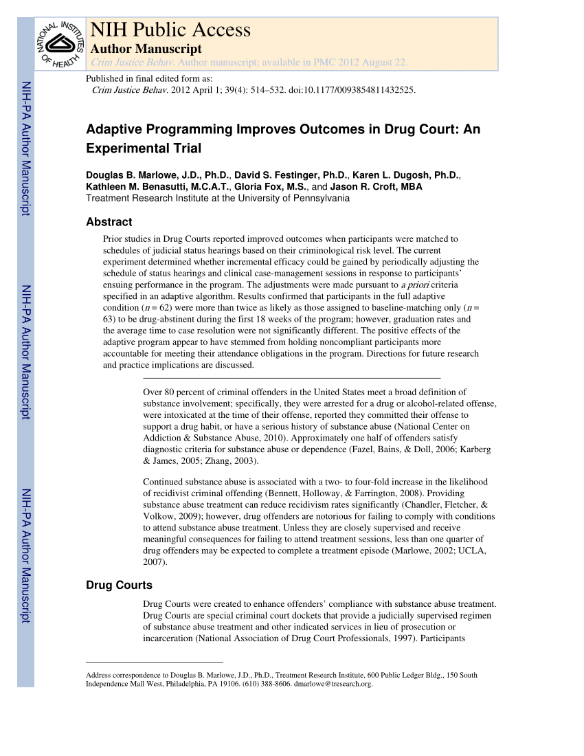 Pdf Adaptive Programming Improves Outcomes In Drug Court An