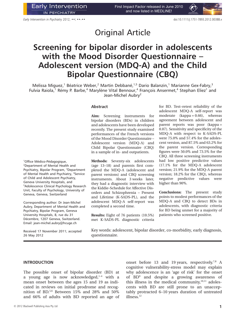 Pdf Screening For Bipolar Disorder In Adolescents With The Mood Disorder Questionnaire - Adolescent Version Mdq-a And The Child Bipolar Questionnaire Cbq