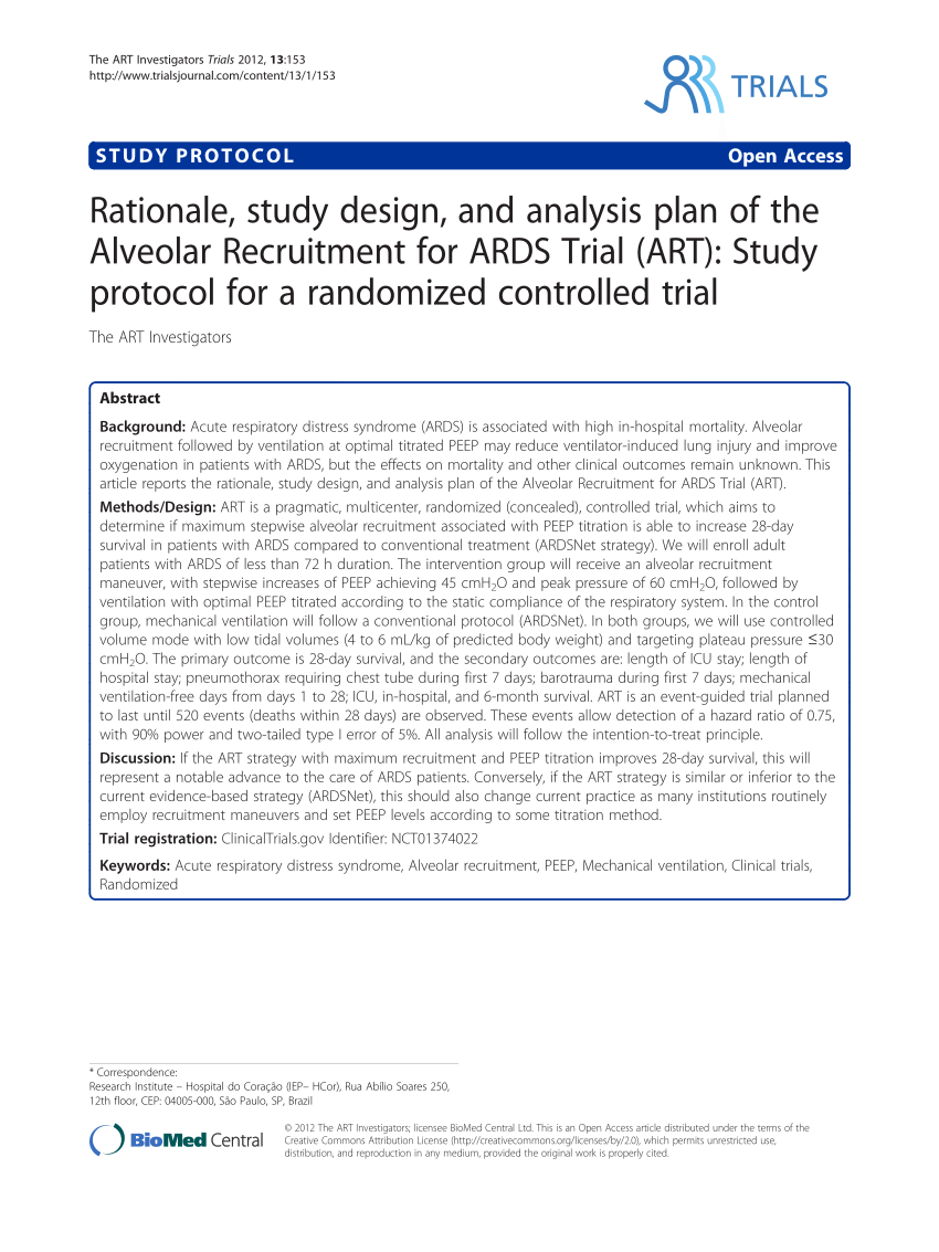 Pdf Rationale Study Design And Analysis Plan Of The Alveolar Recruitment For Ards Trial Art Study Protocol For A Randomized Controlled Trial