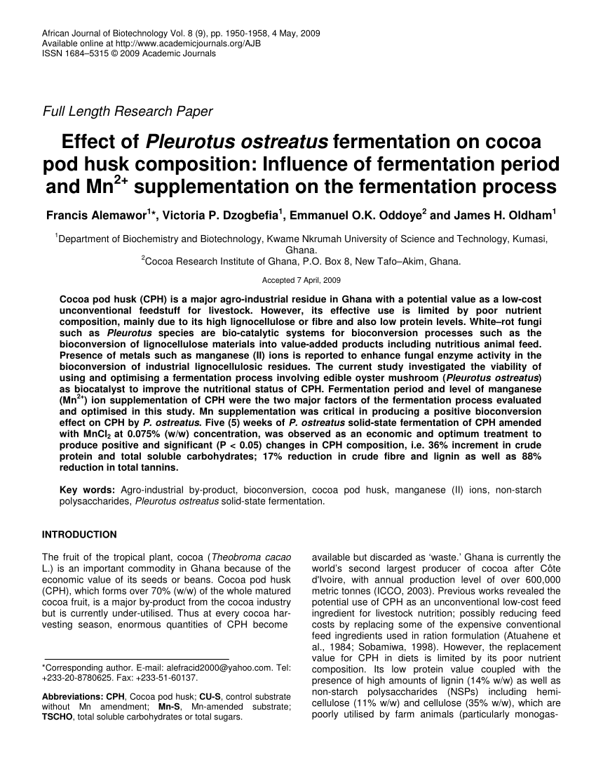 Pdf Effect Of Pleurotus Ostreatus Fermentation On Cocoa