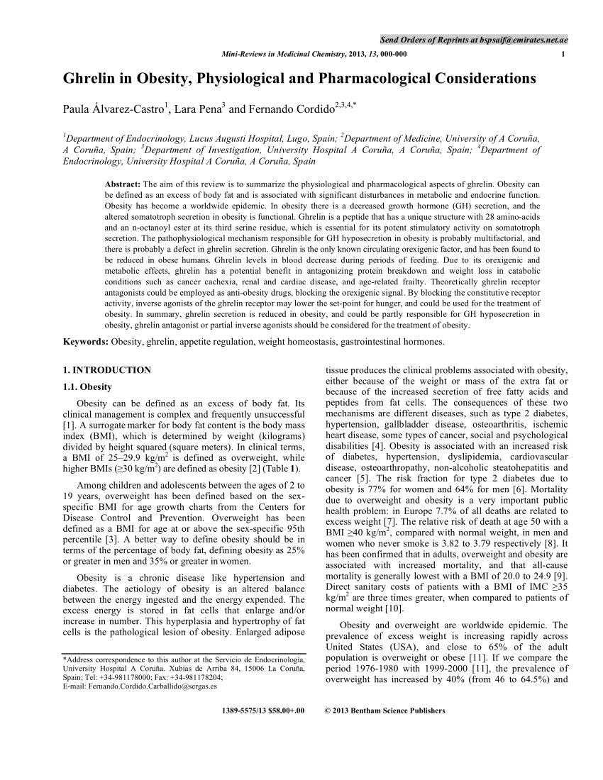 PDF Ghrelin in Obesity Physiological and Pharmacological