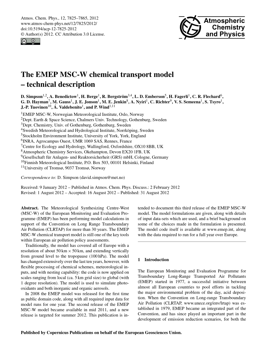 Pdf The Emep Msc W Chemical Transport Model Technical Description