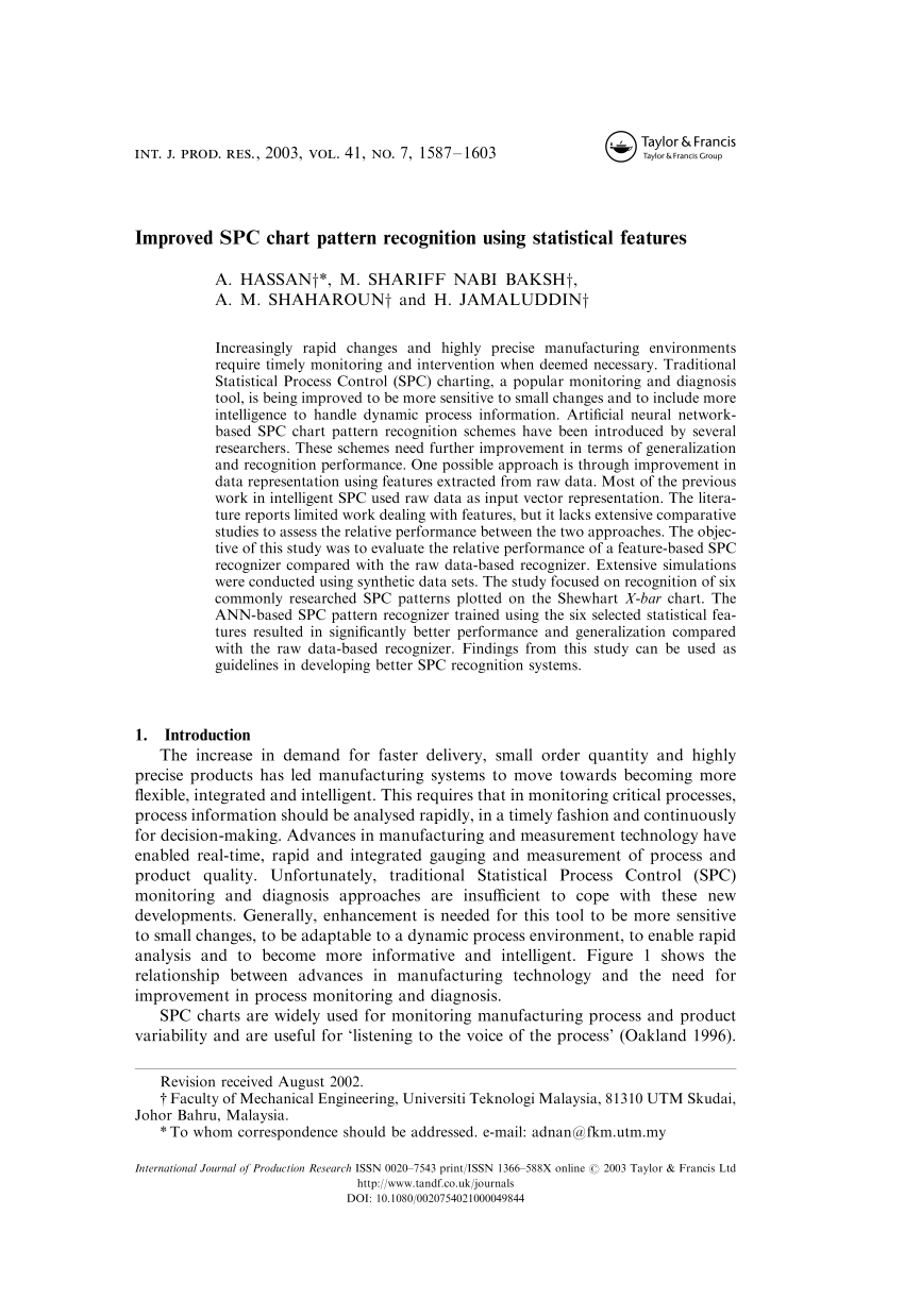 Pdf Improved Spc Chart Pattern Recognition Using Statistical Features