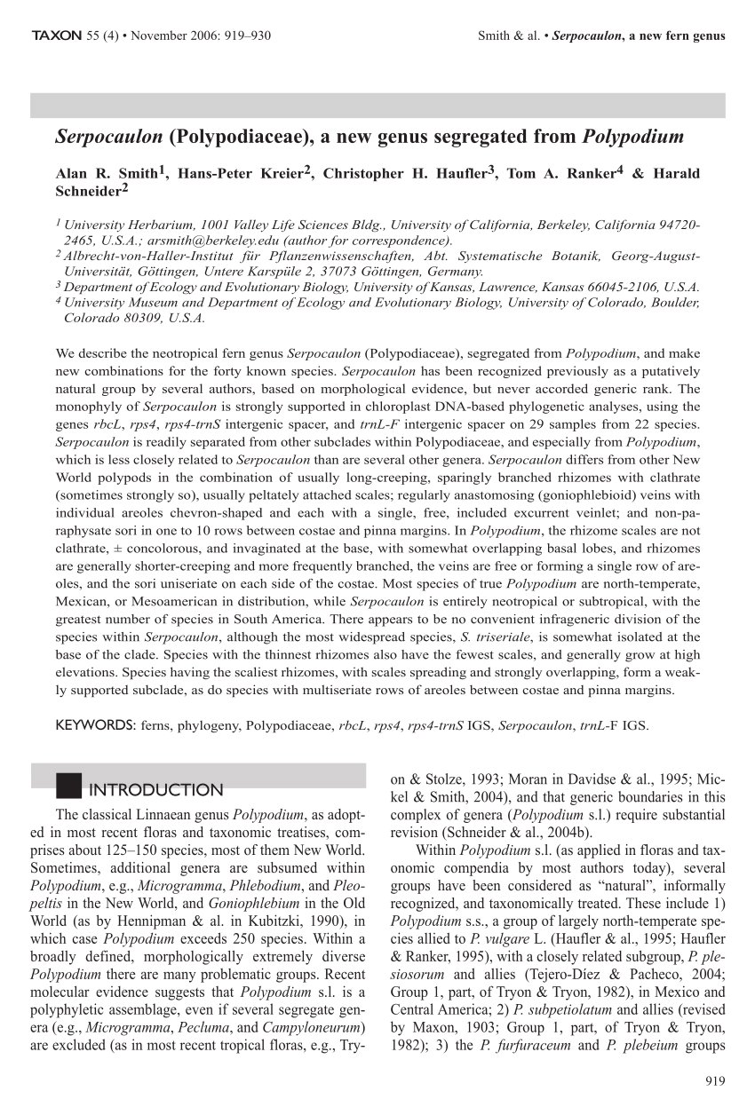 Taxonomic Revision of Serpocaulon (Polypodiaceae)1