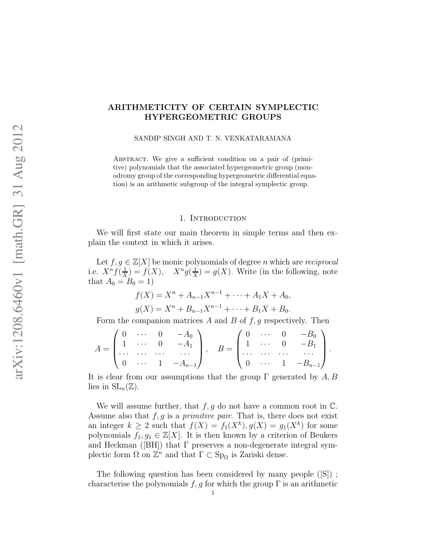 Pdf Arithmeticity Of Certain Symplectic Hypergeometric Groups