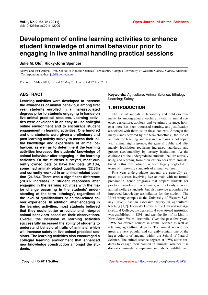 PDF) Development of online learning activities to enhance student knowledge  of animal behaviour prior to engaging in live animal handling practical  sessions