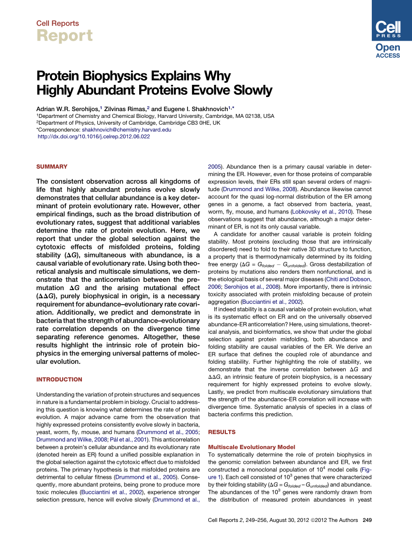 Pdf Protein Biophysics Explains Why Highly Abundant Proteins Evolve Slowly 6533