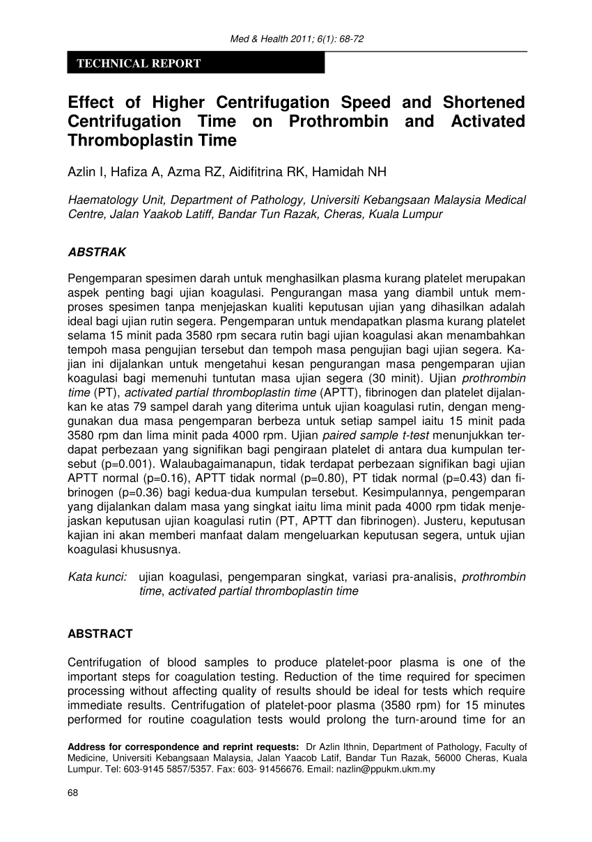 Pdf Effect Of Higher Centrifugation Speed And Shortened Centrifugation Time On Prothrombin And Activated Thromboplastin Time