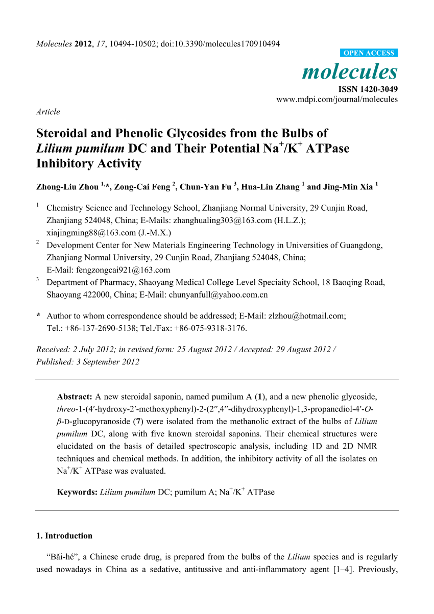 Pdf Steroidal And Phenolic Glycosides From The Bulbs Of Lilium Pumilum Dc And Their Potential Na K Atpase Inhibitory Activity