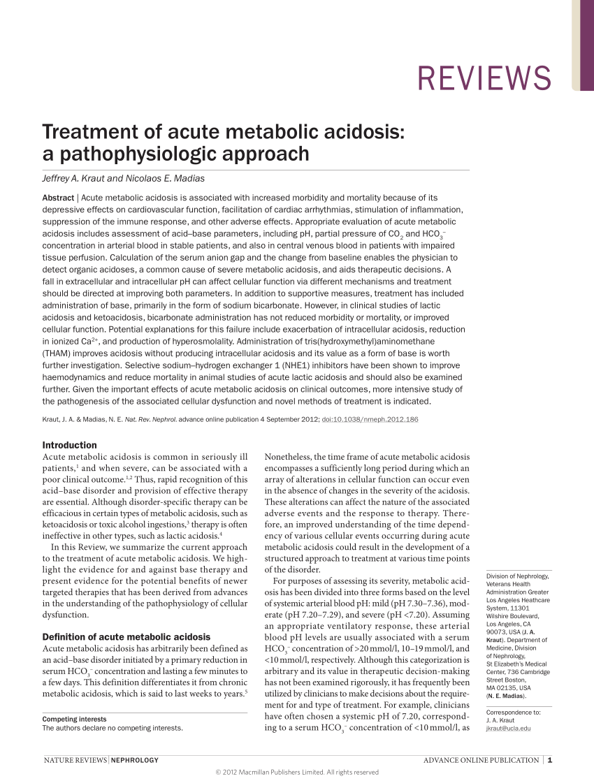 Pdf Treatment Of Acute Metabolic Acidosis A Pathophysiologic Approach