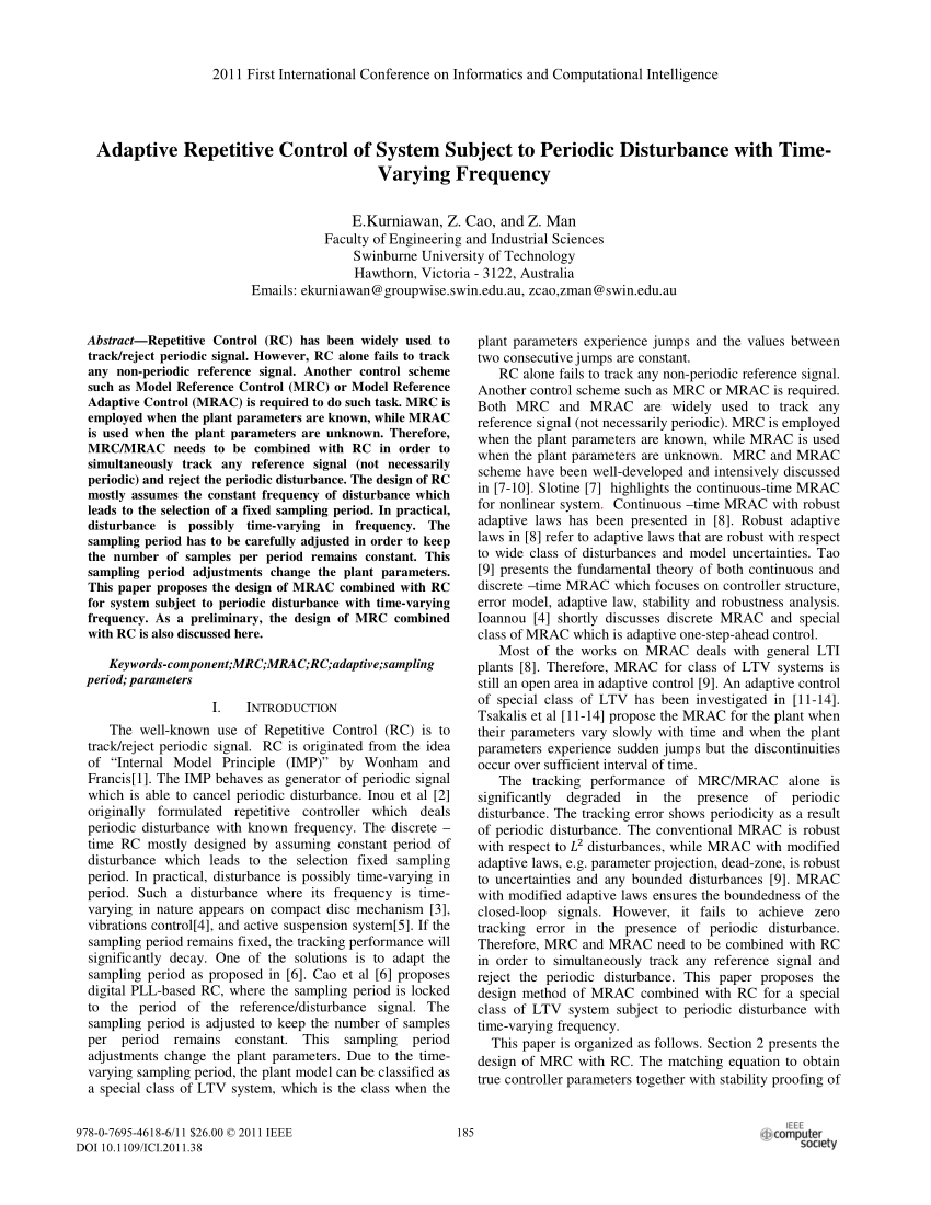 Pdf Adaptive Repetitive Control Of System Subject To Periodic Disturbance With Time Varying Frequency